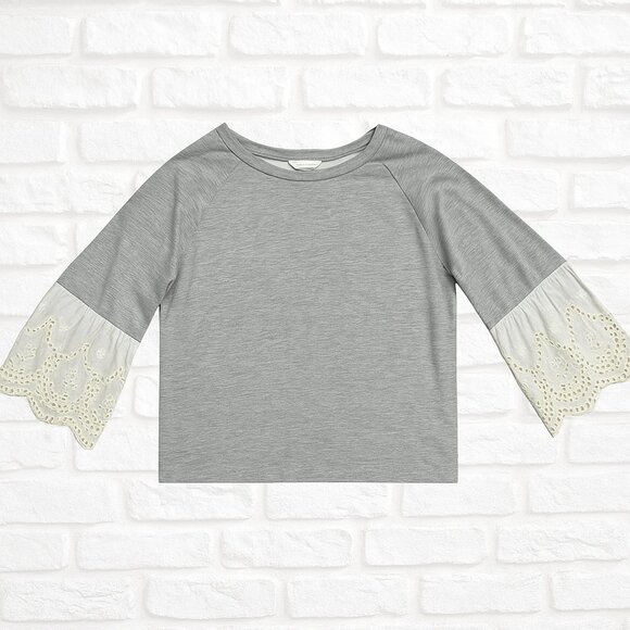 Cozy Boho Eyelet Bell Sleeve Top Gray Long Sleeve Blouse Size 2X Plus Feminine - Picture 2 of 6